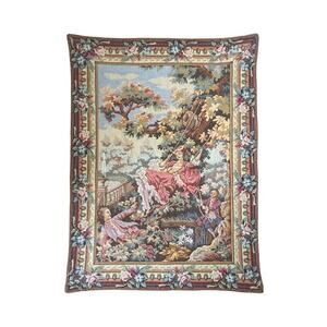 Vintage Exquisite "Lady On a Swing" Tapestry French Pictorial Home Decor 23"x17"
